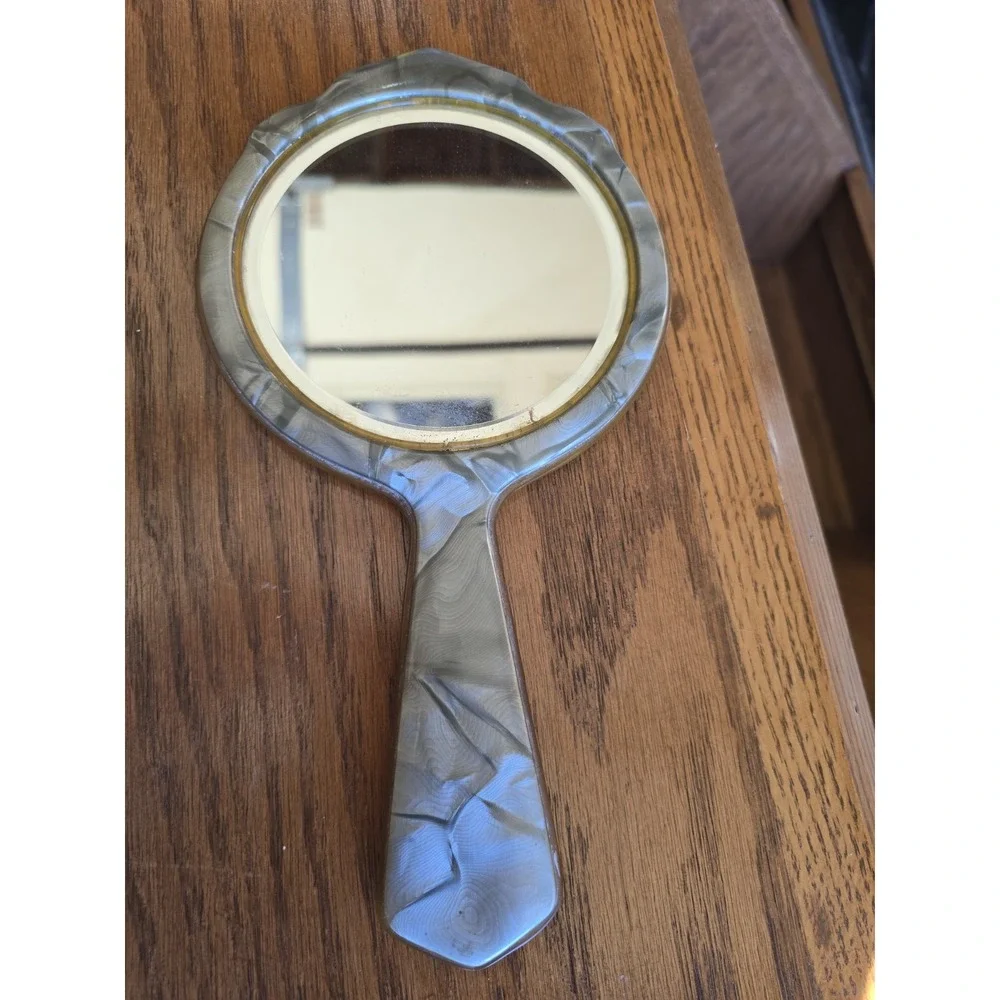 Art Deco Bakelite Green Marbleized Hand Held Vanity Mirror